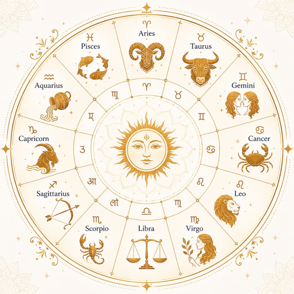 Decorative Vedic zodiac wheel with twelve signs